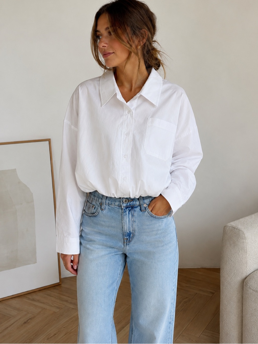 White Bubble Hem Button Down Shirt Sz S